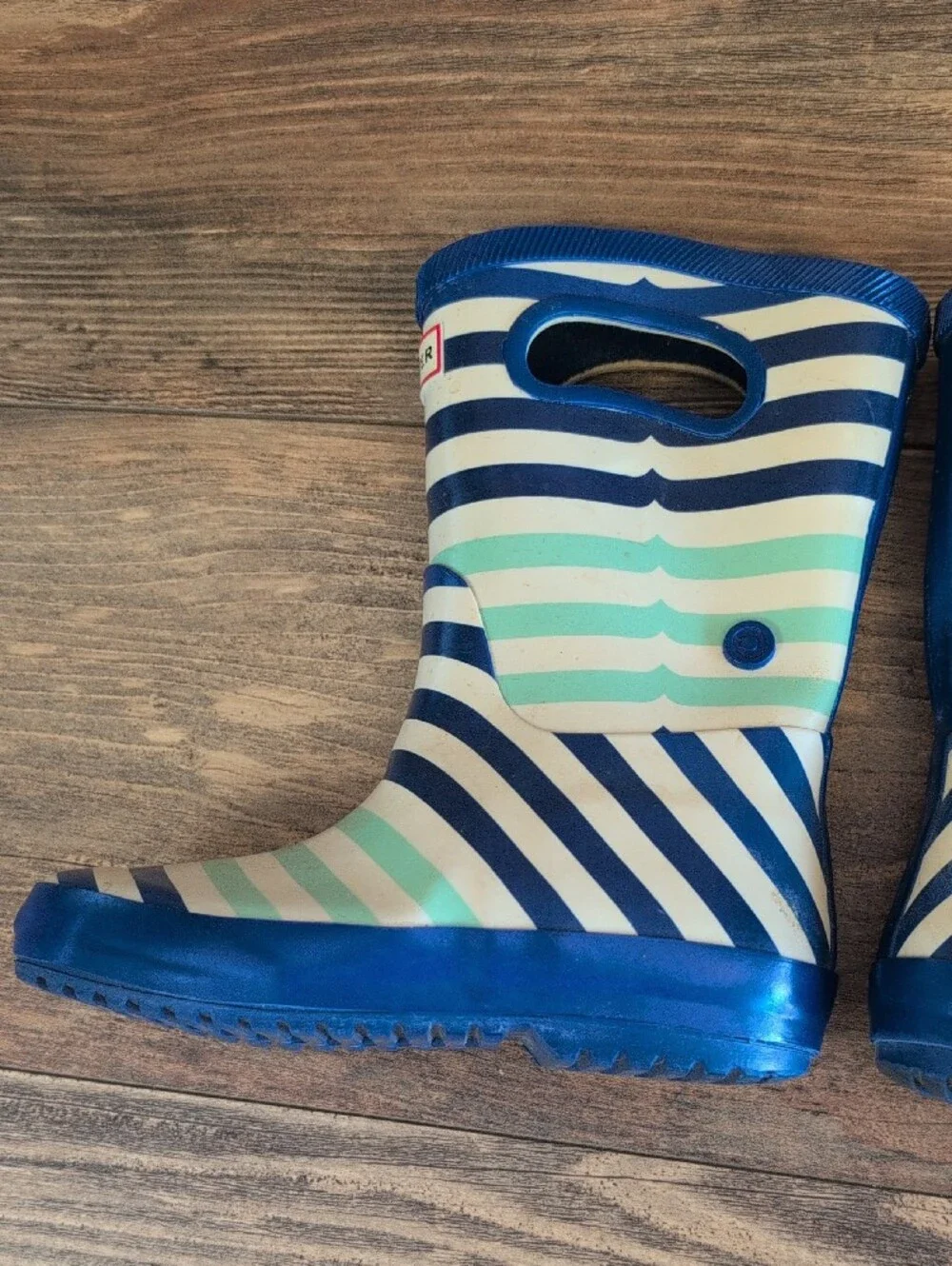 Hunter Kids Navy and Mint Striped Rain Boots Kids 11     619A